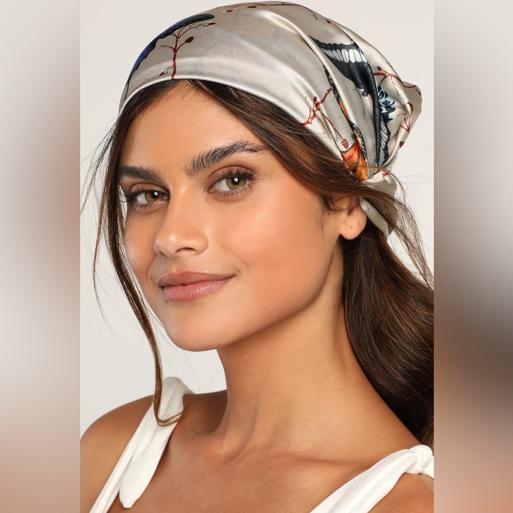 New🌟Retro Grey Butterfly Satin Hair Scarf